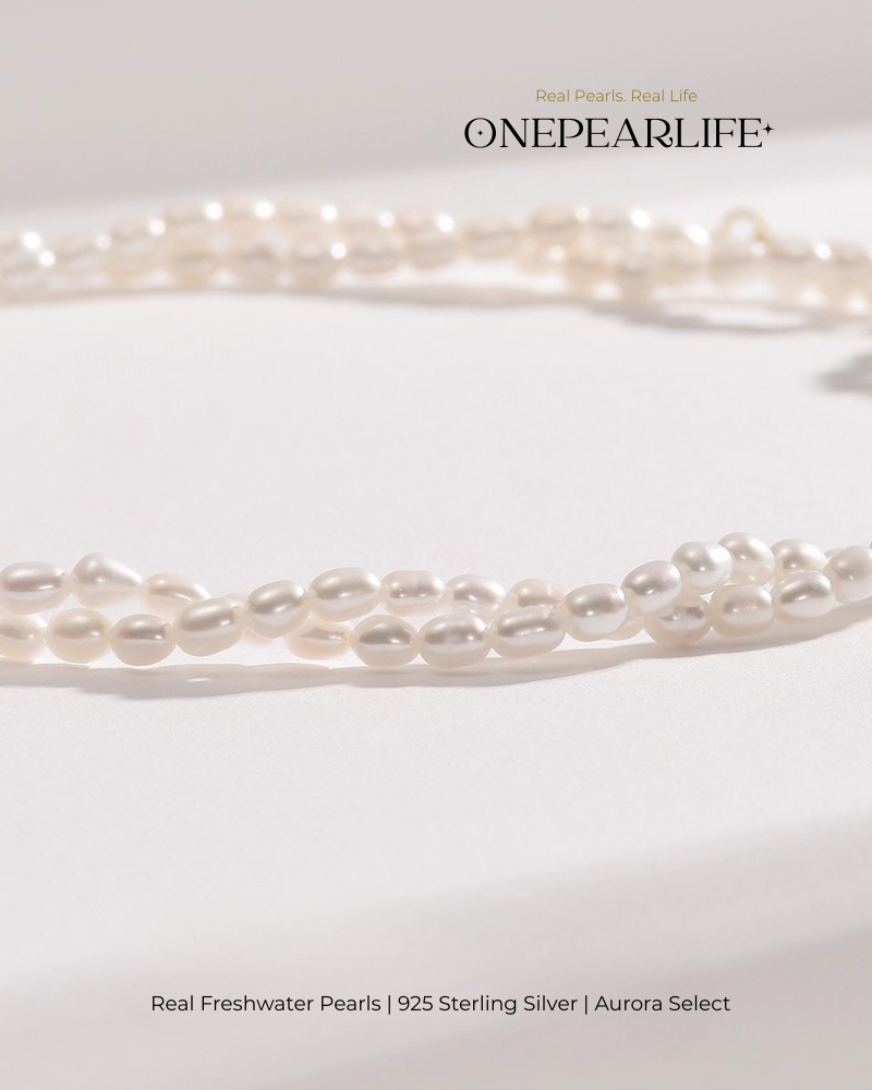 Amara – AAA Quality Double Strand Natural Rice-Shaped Freshwater Pearl Necklace | 3–4mm | 18K Gold Vermeil