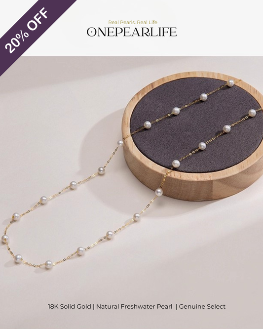 Joy – AAA Quality Natural Freshwater Pearl Station Necklace | 4–4.5mm | 18K Gold Onepearlife