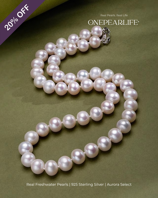 Aurelia – AAA Quality Round Aurora Natural Freshwater Pearl Necklace | 7–9.5mm | 925 Sterling Silver