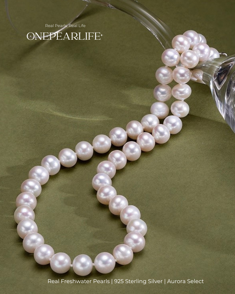 Aurelia – AAA Quality Round Aurora Natural Freshwater Pearl Necklace | 7–9.5mm | 925 Sterling Silver