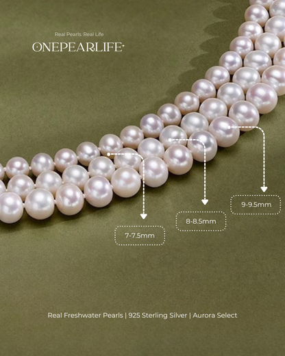 Aurelia – AAA Quality Round Aurora Natural Freshwater Pearl Necklace | 7–9.5mm | 925 Sterling Silver