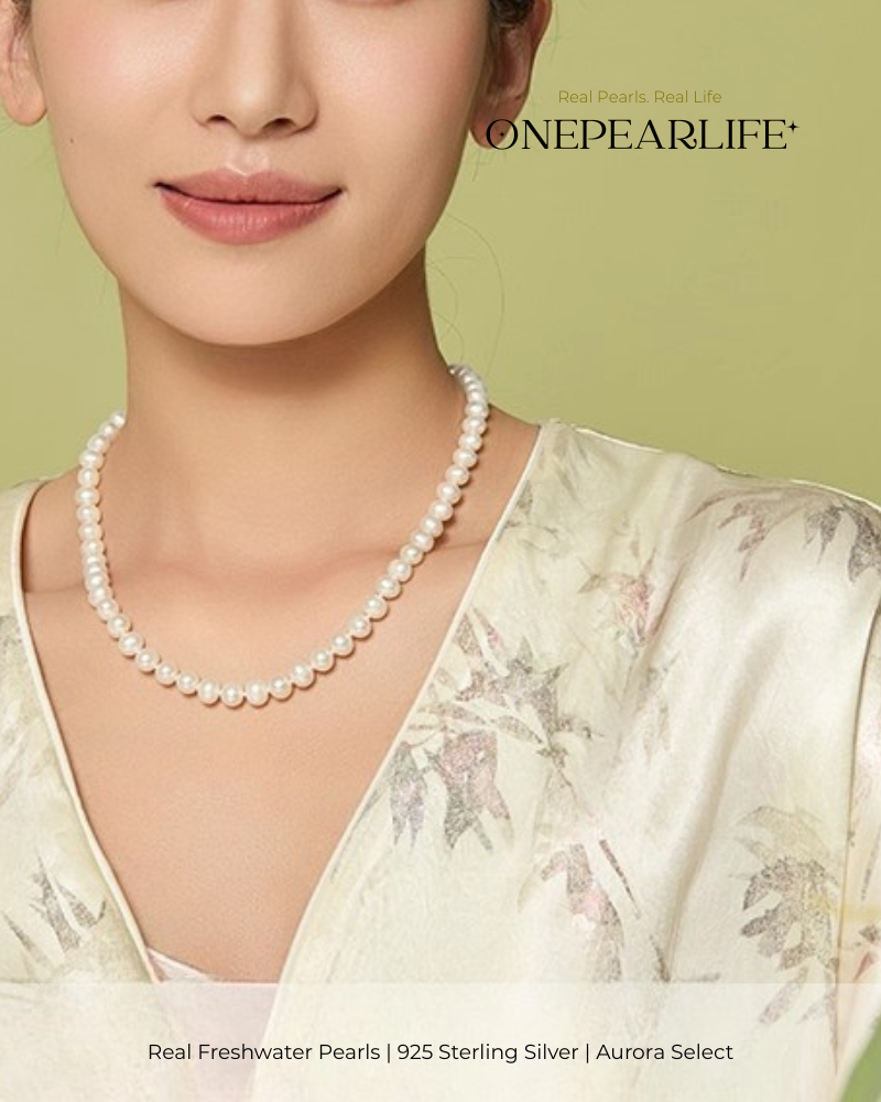 Aurelia – AAA Quality Round Aurora Natural Freshwater Pearl Necklace | 7–9.5mm | 925 Sterling Silver
