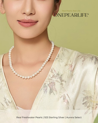 Aurelia – AAA Quality Round Aurora Natural Freshwater Pearl Necklace | 7–9.5mm | 925 Sterling Silver