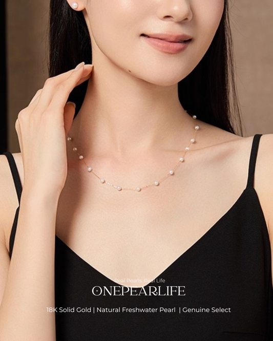 Joy – AAA Quality Natural Freshwater Pearl Station Necklace | 4–4.5mm | 18K Gold Onepearlife