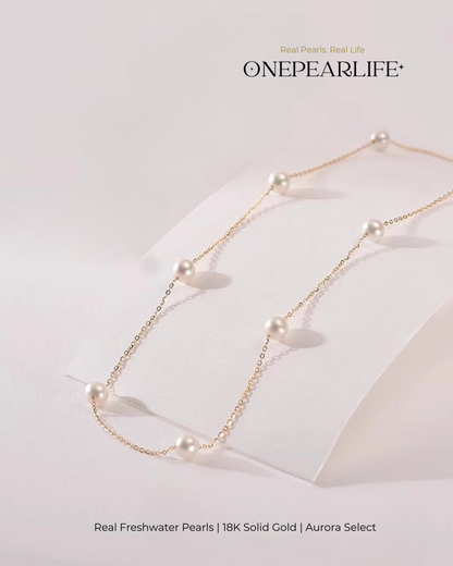 Joy – AAA Quality Natural Freshwater Pearl Station Necklace | 4–4.5mm | 18K Gold