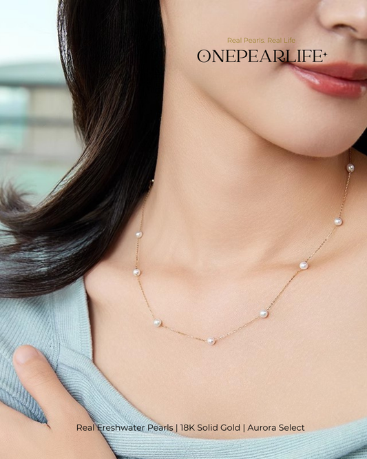 Joy – AAA Quality Natural Freshwater Pearl Station Necklace | 4–4.5mm | 18K Gold