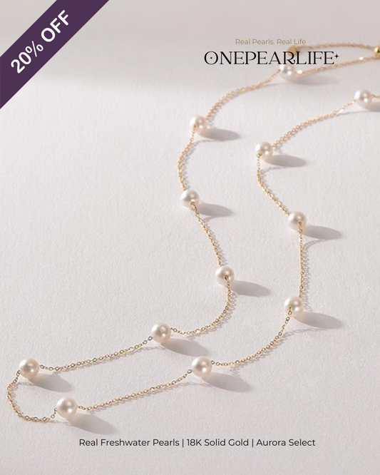 Joy – AAA Quality Natural Freshwater Pearl Station Necklace | 4–4.5mm | 18K Gold