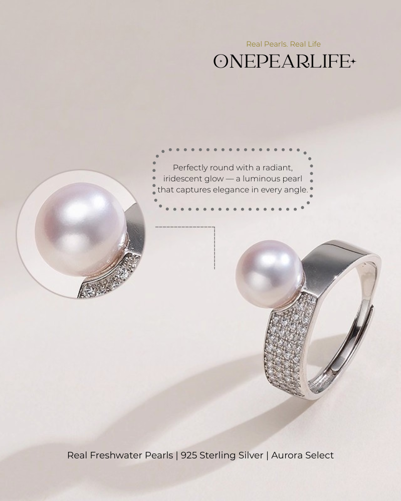 Aurena – AAA Quality Natural Freshwater Pearl Adjustable Open Ring | 8–8.5 mm | 925 Silver + Cubic Zirconia