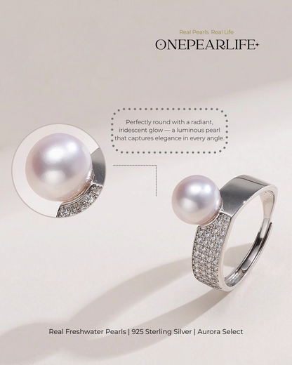 Aurena – AAA Quality Natural Freshwater Pearl Adjustable Open Ring | 8–8.5 mm | 925 Silver + Cubic Zirconia