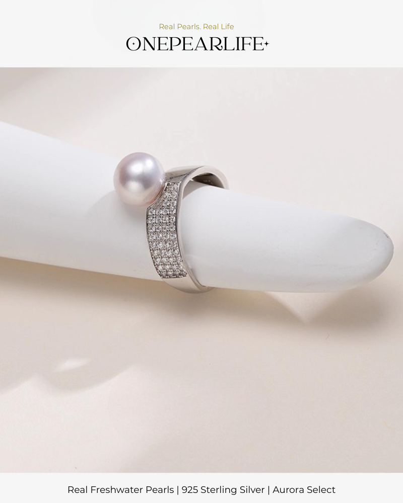 Aurena – AAA Quality Natural Freshwater Pearl Adjustable Open Ring | 8–8.5 mm | 925 Silver + Cubic Zirconia