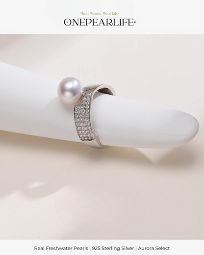Aurena – AAA Quality Natural Freshwater Pearl Adjustable Open Ring | 8–8.5 mm | 925 Silver + Cubic Zirconia