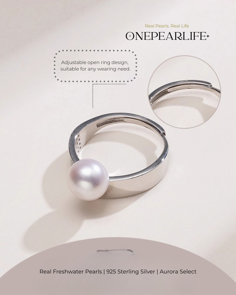 Aurena – AAA Quality Natural Freshwater Pearl Adjustable Open Ring | 8–8.5 mm | 925 Silver + Cubic Zirconia
