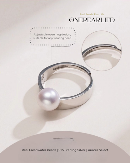 Aurena – AAA Quality Natural Freshwater Pearl Adjustable Open Ring | 8–8.5 mm | 925 Silver + Cubic Zirconia