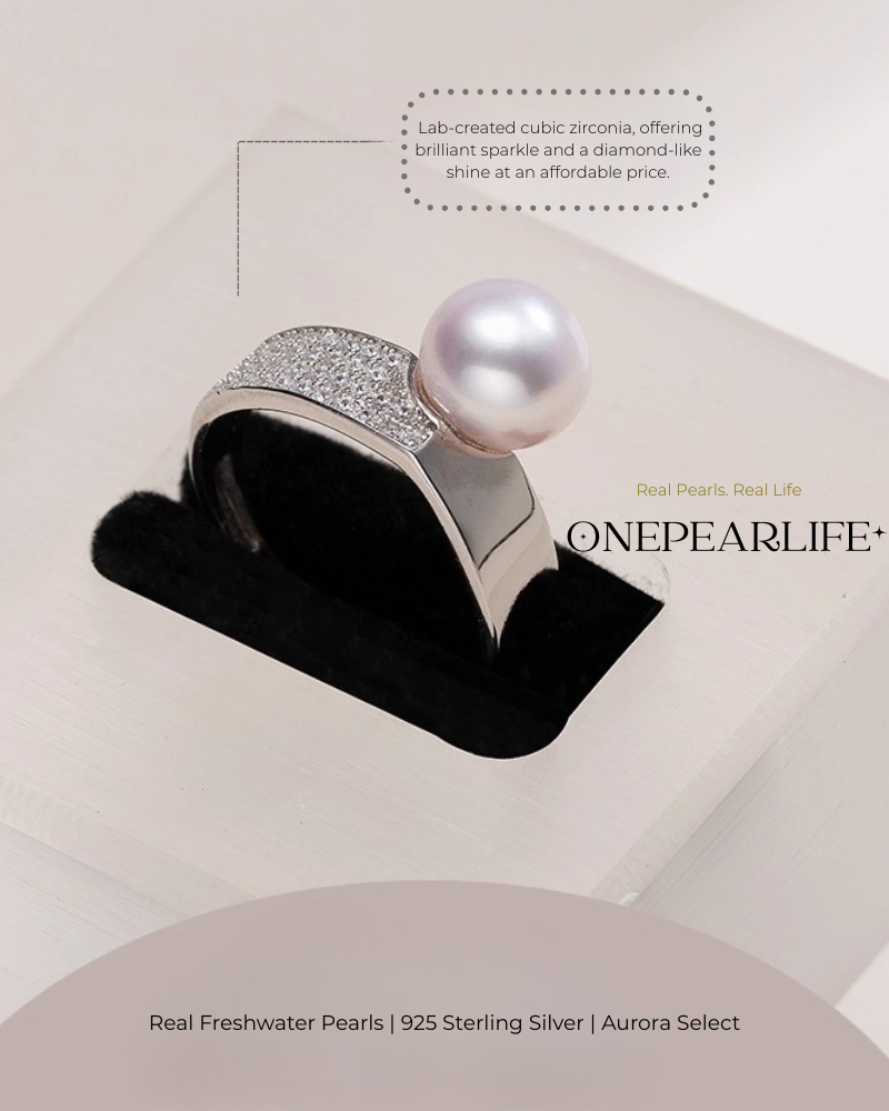 Aurena – AAA Quality Natural Freshwater Pearl Adjustable Open Ring | 8–8.5 mm | 925 Silver + Cubic Zirconia