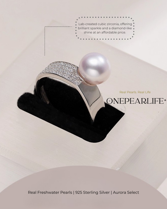 Aurena – AAA Quality Natural Freshwater Pearl Adjustable Open Ring | 8–8.5 mm | 925 Silver + Cubic Zirconia