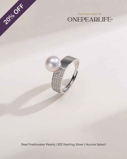 Aurena – AAA Quality Natural Freshwater Pearl Adjustable Open Ring | 8–8.5 mm | 925 Silver + Cubic Zirconia