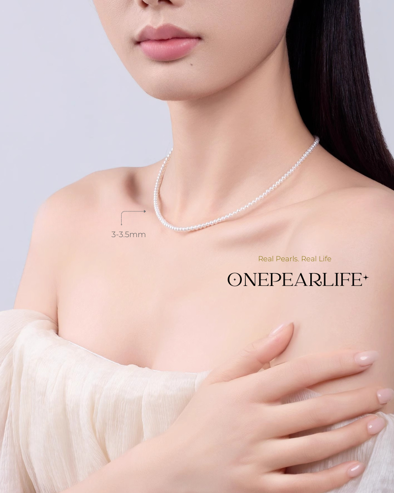 Aurina – AAA Quality Baby White Aurora Natural Freshwater Pearl Necklace | 3–3.5mm | 18K Gold KELLYMARS