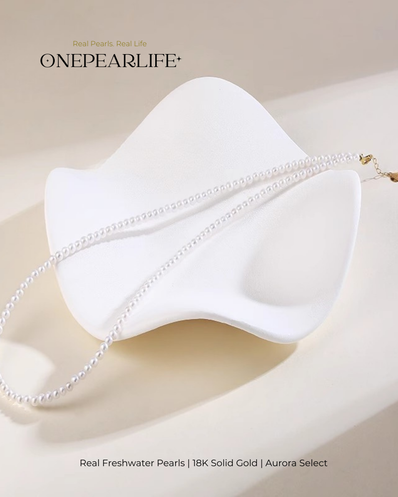 Aurina – AAA Quality Baby White Aurora Natural Freshwater Pearl Necklace | 3–3.5mm | 18K Gold KELLYMARS