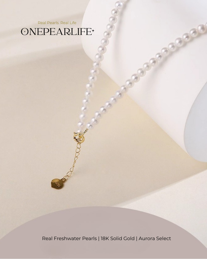 Aurina – AAA Quality Baby White Aurora Natural Freshwater Pearl Necklace | 3–3.5mm | 18K Gold