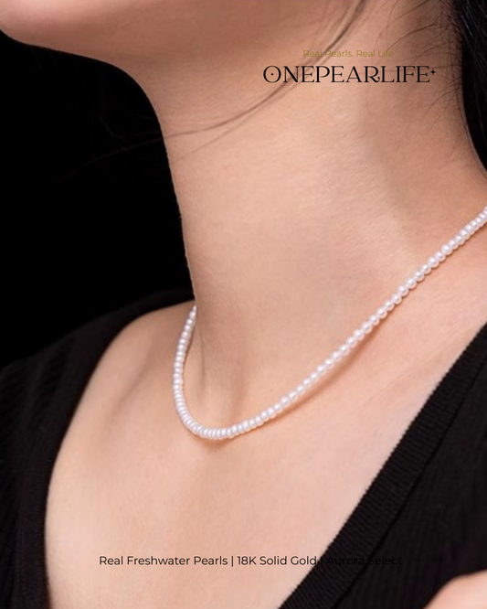 Aurina – AAA Quality Baby White Aurora Natural Freshwater Pearl Necklace | 3–3.5mm | 18K Gold