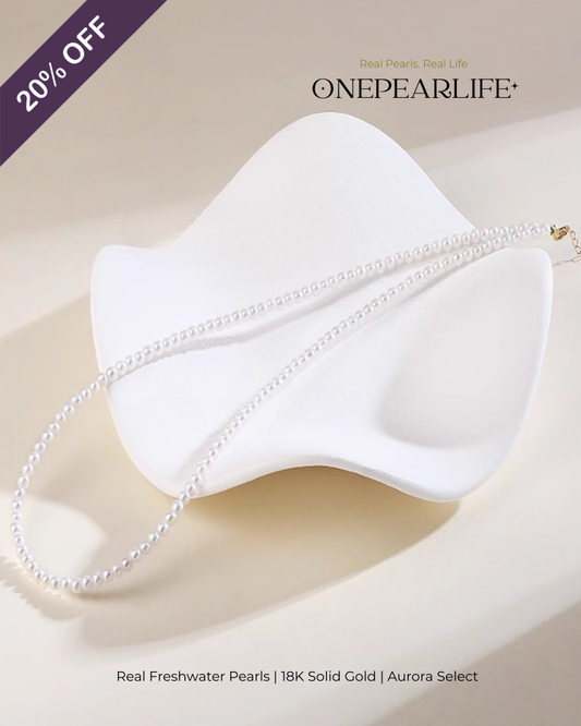 Aurina – AAA Quality Baby White Aurora Natural Freshwater Pearl Necklace | 3–3.5mm | 18K Gold