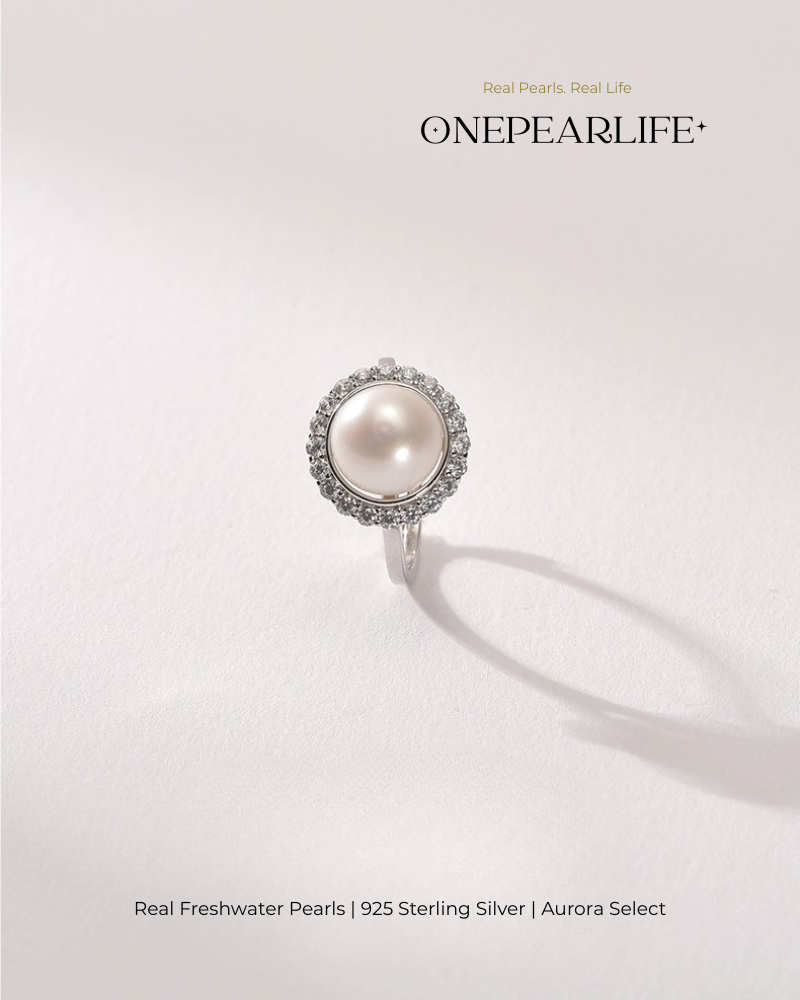 Averine – AAA Quality Natural Freshwater Pearl Adjustable Ring | 9–9.5 mm | 925 Silver + Sparkling Stone
