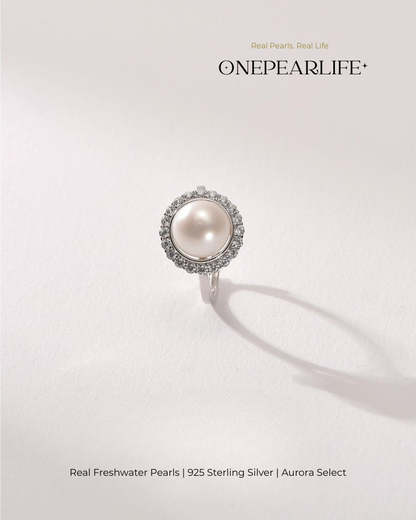 Averine – AAA Quality Natural Freshwater Pearl Adjustable Ring | 9–9.5 mm | 925 Silver + Sparkling Stone