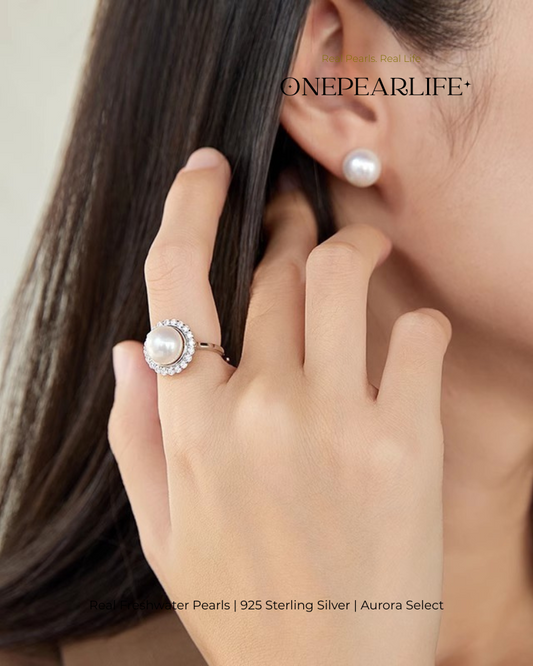 Averine – AAA Quality Natural Freshwater Pearl Adjustable Ring | 9–9.5 mm | 925 Silver + Sparkling Stone