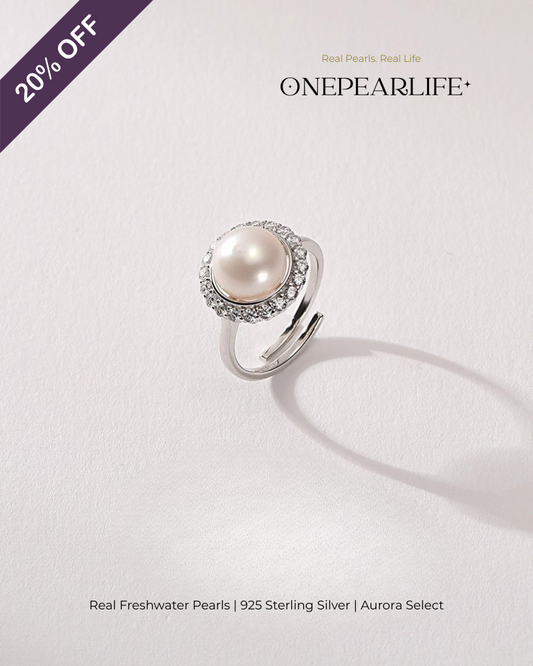 Averine – AAA Quality Natural Freshwater Pearl Adjustable Ring | 9–9.5 mm | 925 Silver + Sparkling Stone