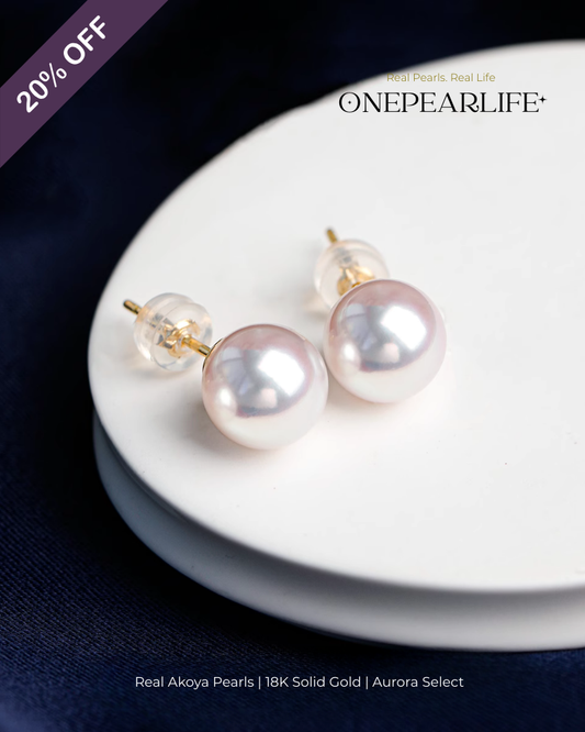Aya – AAA+ Quality Japanese Akoya White Pearl Stud Earrings | 5–8.5mm | 18K Gold