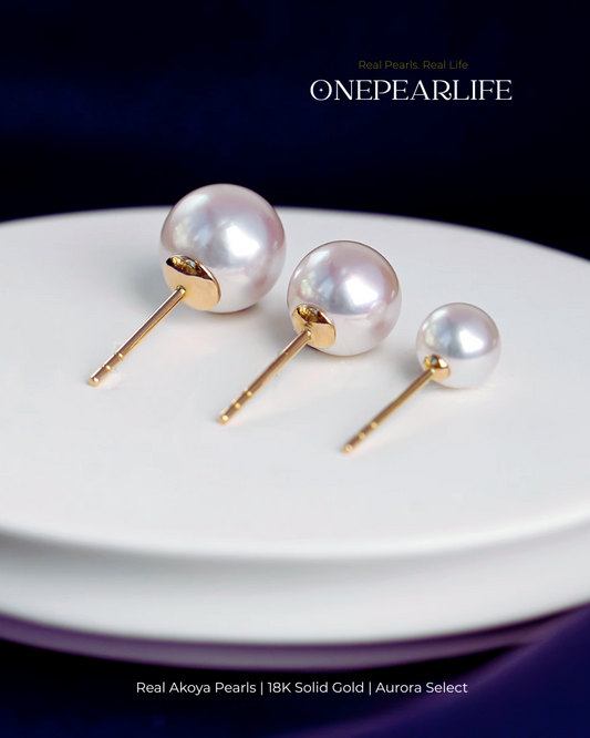 Aya – AAA+ Quality Japanese Akoya White Pearl Stud Earrings | 5–8.5mm | 18K Gold