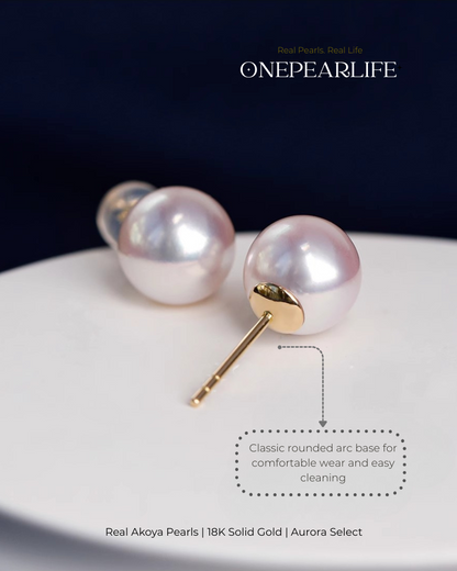 Aya – AAA+ Quality Japanese Akoya White Pearl Stud Earrings | 5–8.5mm | 18K Gold