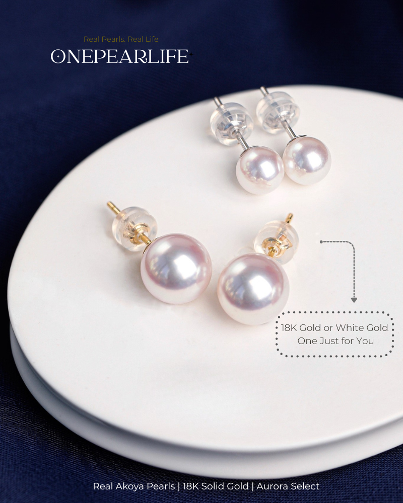 Aya – AAA+ Quality Japanese Akoya White Pearl Stud Earrings | 5–8.5mm | 18K Gold