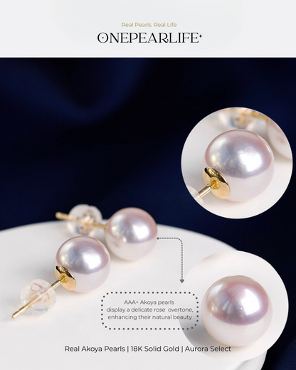 Aya – AAA+ Quality Japanese Akoya White Pearl Stud Earrings | 5–8.5mm | 18K Gold