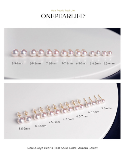 Aya – AAA+ Quality Japanese Akoya White Pearl Stud Earrings | 5–8.5mm | 18K Gold