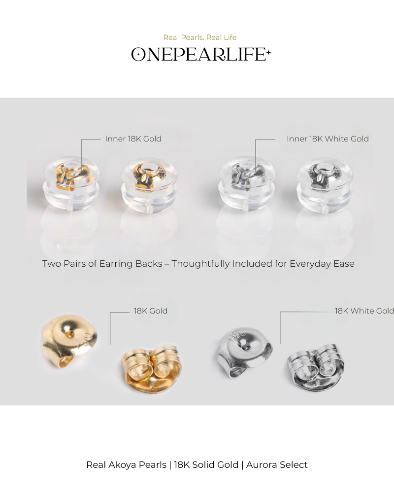 Aya – AAA+ Quality Japanese Akoya White Pearl Stud Earrings | 5–8.5mm | 18K Gold