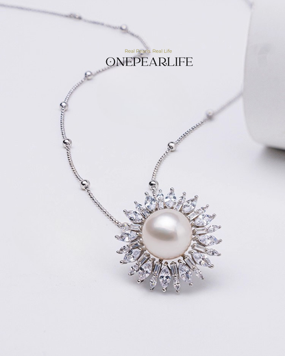 BigSolaria – AAA Quality Natural Freshwater Pearl Large Sunflower Pendant Necklace | 10–10.5mm | S925 Silver Onepearlife