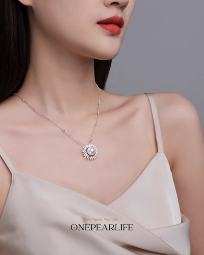 BigSolaria – AAA Quality Natural Freshwater Pearl Large Sunflower Pendant Necklace | 10–10.5mm | S925 Silver Onepearlife