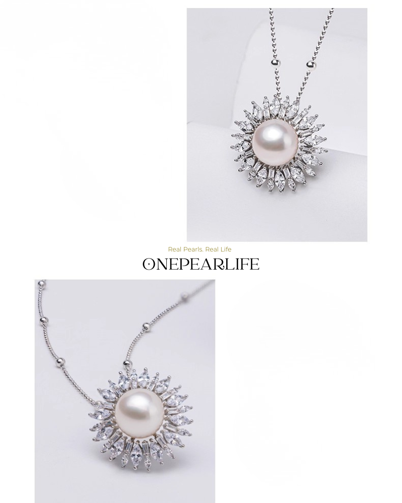 BigSolaria – AAA Quality Natural Freshwater Pearl Large Sunflower Pendant Necklace | 10–10.5mm | S925 Silver Onepearlife
