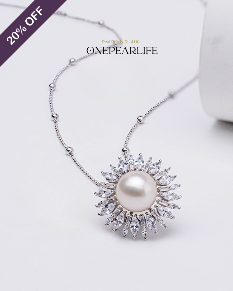 BigSolaria – AAA Quality Natural Freshwater Pearl Large Sunflower Pendant Necklace | 10–10.5mm | S925 Silver Onepearlife