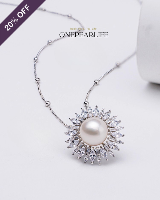 BigSolaria – AAA Quality Natural Freshwater Pearl Large Sunflower Pendant Necklace | 10–10.5mm | S925 Silver Onepearlife