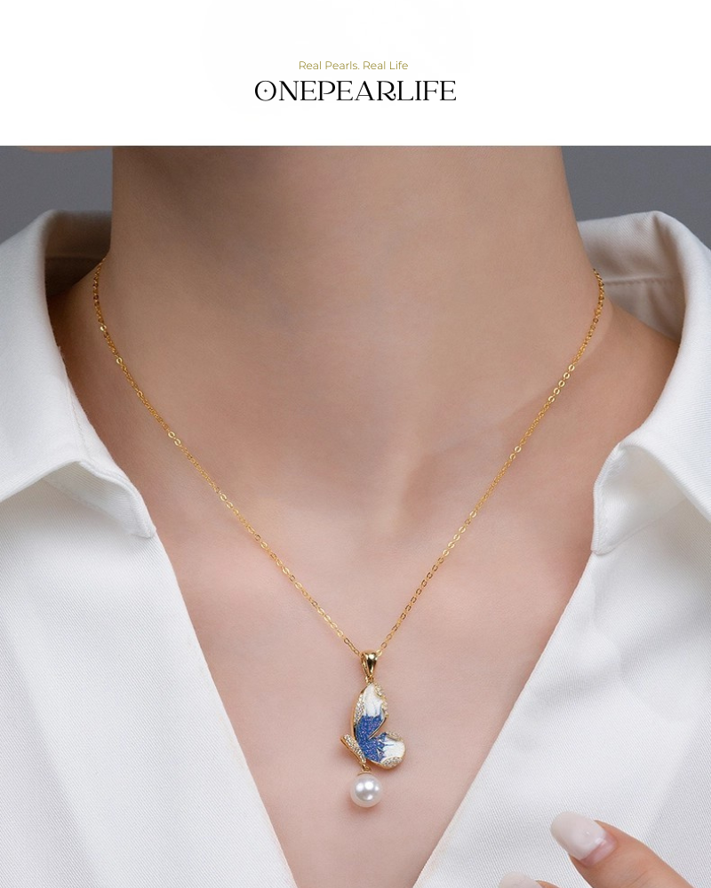 ButterflyMuse – AAA Quality Natural Freshwater Pearl Enamel Butterfly Pendant | 7–7.5mm | 18K Gold Plated Onepearlife