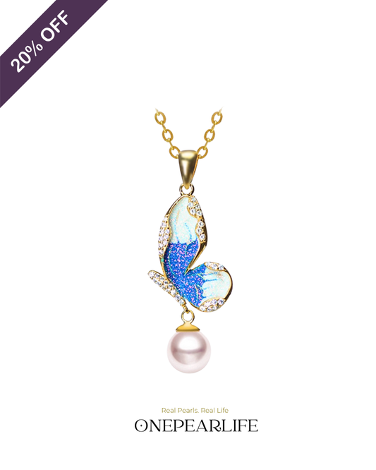 ButterflyMuse – AAA Quality Natural Freshwater Pearl Enamel Butterfly Pendant | 7–7.5mm | 18K Gold Plated Onepearlife