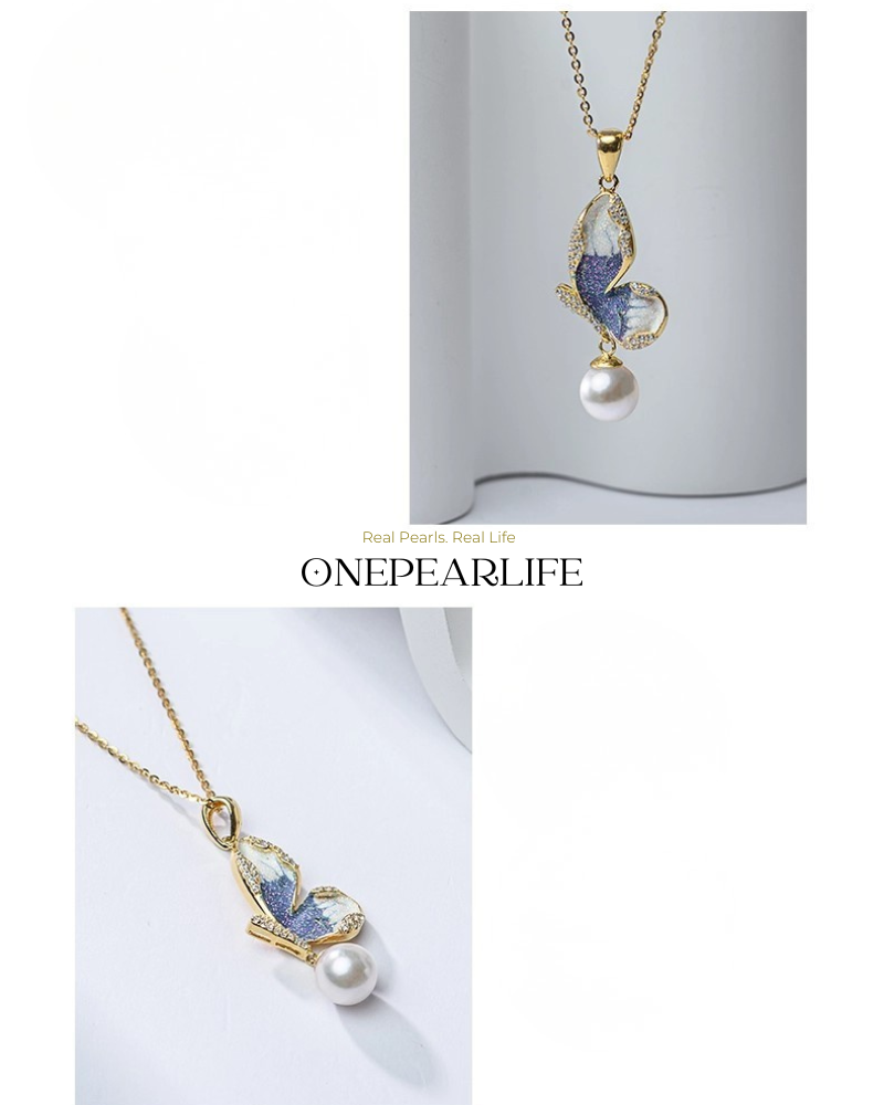 ButterflyMuse – AAA Quality Natural Freshwater Pearl Enamel Butterfly Pendant | 7–7.5mm | 18K Gold Plated Onepearlife