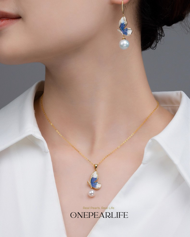 ButterflyMuse – AAA Quality Natural Freshwater Pearl Enamel Butterfly Pendant | 7–7.5mm | 18K Gold Plated Onepearlife