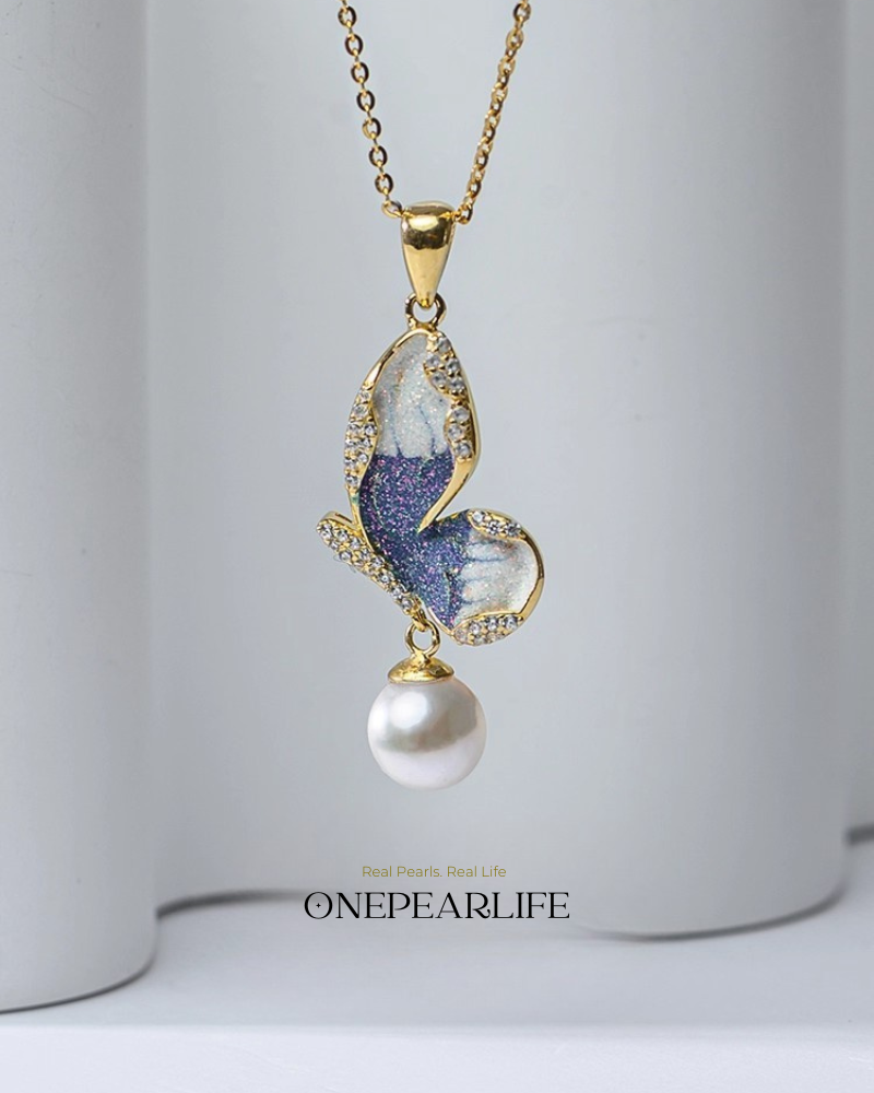 ButterflyMuse – AAA Quality Natural Freshwater Pearl Enamel Butterfly Pendant | 7–7.5mm | 18K Gold Plated Onepearlife
