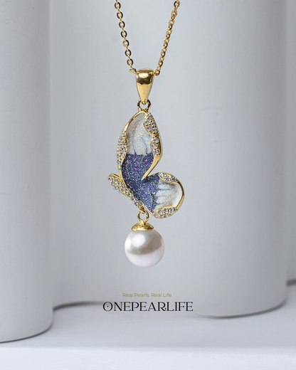 ButterflyMuse – AAA Quality Natural Freshwater Pearl Enamel Butterfly Pendant | 7–7.5mm | 18K Gold Plated Onepearlife