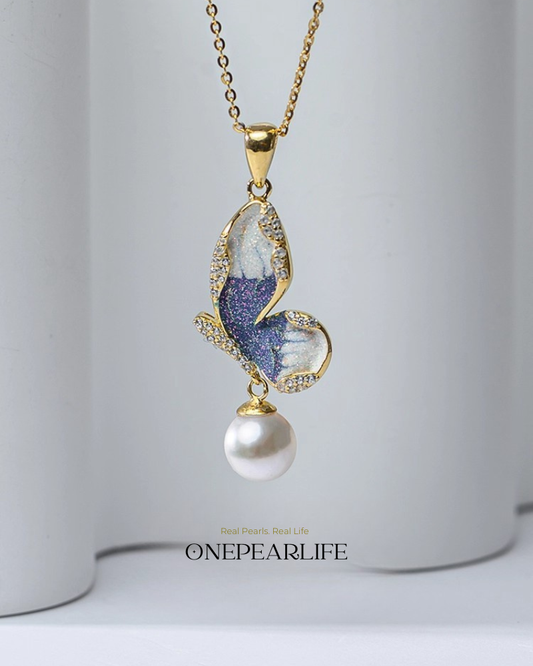 ButterflyMuse – AAA Quality Natural Freshwater Pearl Enamel Butterfly Pendant | 7–7.5mm | 18K Gold Plated Onepearlife