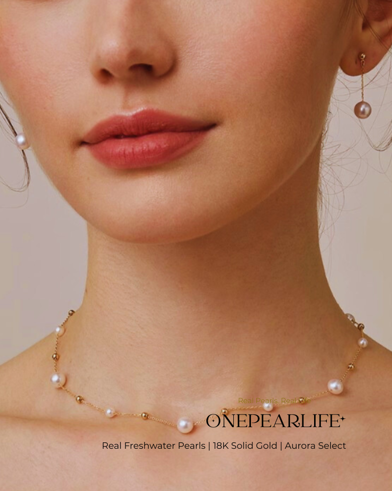 Celeste – AAA+ Quality Japanese Akoya Natural Pearl Station Necklace | 5–5.5mm | 18K Gold