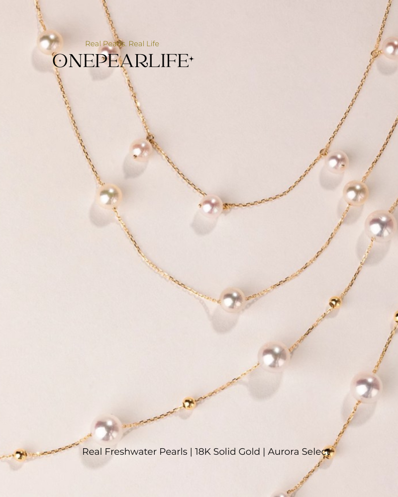 Celeste – AAA+ Quality Japanese Akoya Natural Pearl Station Necklace | 5–5.5mm | 18K Gold